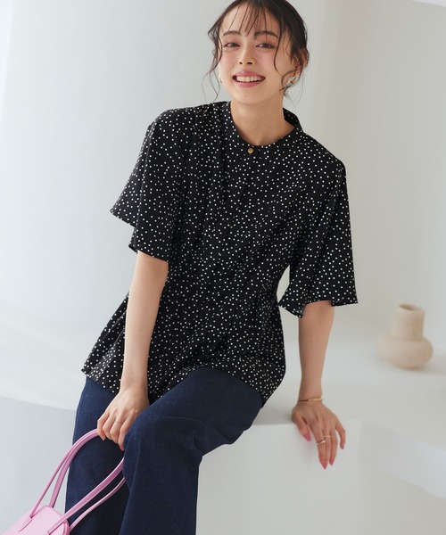 ルイルエブティック RUIRUE BOUTIQUE 【洗える/ストレッチ】ウエストタックバンドカラーフレアブラウス （ブラック） RUIRUE BOUTIQUE（ルイルエブティック）の「洗える ストレッチ