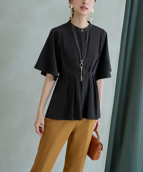 ルイルエブティック RUIRUE BOUTIQUE 【洗える/ストレッチ】ウエストタックバンドカラーフレアブラウス （グレージュ） 洗える ストレッチ ｜ ウエストタック バンドカラー フレア
