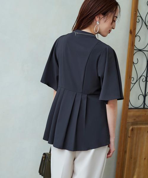 ルイルエブティック RUIRUE BOUTIQUE 【洗える/ストレッチ】ウエストタックバンドカラーフレアブラウス （ネイビー） 洗える ストレッチ ｜ ウエストタック バンドカラー フレア