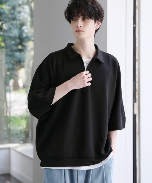 襟付きハーフジップ半袖ポンチドルマンプルオーバー（ポロシャツ