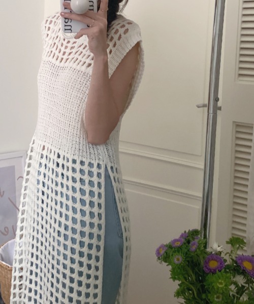 deux amour（ドゥーザムール）の「カギ編みロングジレ（ベスト・レディース・ブラック/ホワイト・FREE）」の7枚目の写真