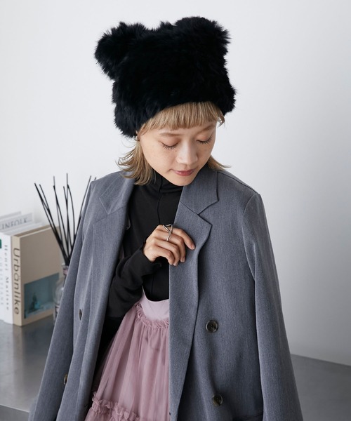 forksy.（フォルクシー）の「【forksy.】ロングファーくまみみニット帽（ニットキャップ/ビーニー・レディース・ライトベージュ/ブラック・FREE）」の2枚目の写真
