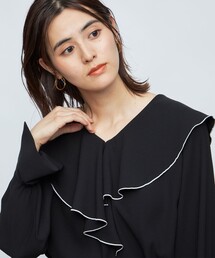 ストレッチジョーゼットラッフル衿配色ブラウス