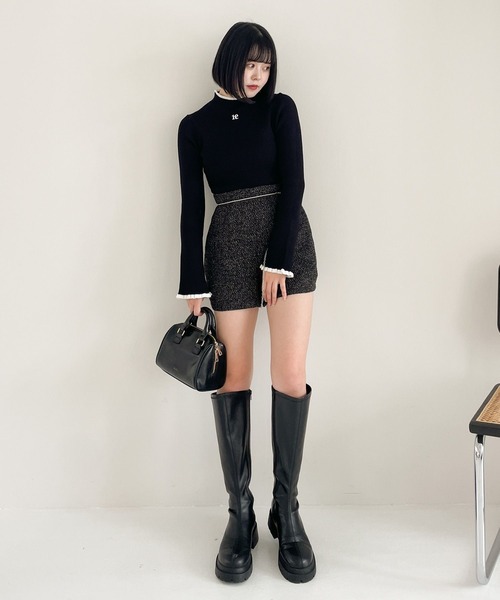 hyeon ペタルニット セーター 黒 ベロアモールボートニット