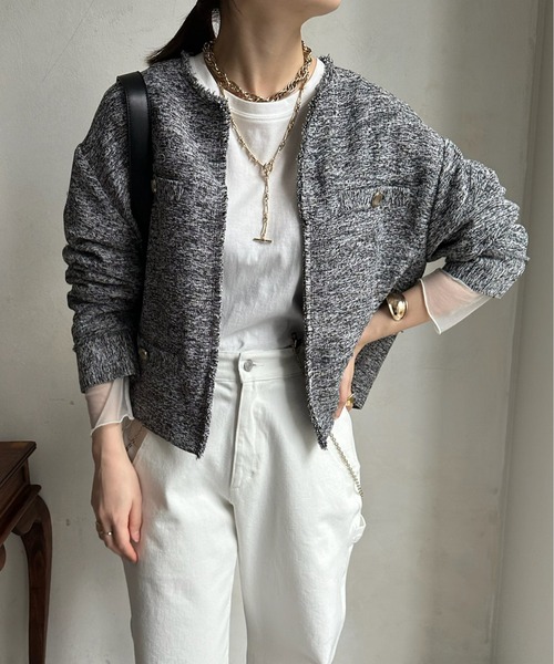 DouDou（ドゥドゥ）の「ライトツイードジャケット（ノーカラージャケット・レディース・ブラック/オフホワイト/ブラック系その他・FREE）」の8枚目の写真