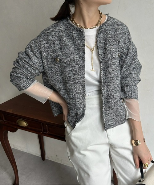 DouDou（ドゥドゥ）の「ライトツイードジャケット（ノーカラージャケット・レディース・ブラック/オフホワイト/ブラック系その他・FREE）」の10枚目の写真