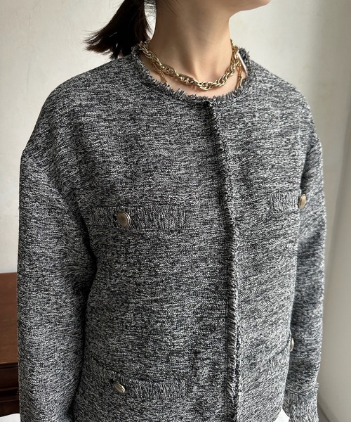 DouDou（ドゥドゥ）の「ライトツイードジャケット（ノーカラージャケット・レディース・ブラック/オフホワイト/ブラック系その他・FREE）」の18枚目の写真