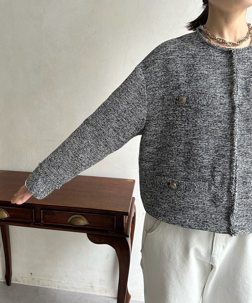 DouDou（ドゥドゥ）の「ライトツイードジャケット（ノーカラージャケット・レディース・ブラック/オフホワイト/ブラック系その他・FREE）」の19枚目の写真