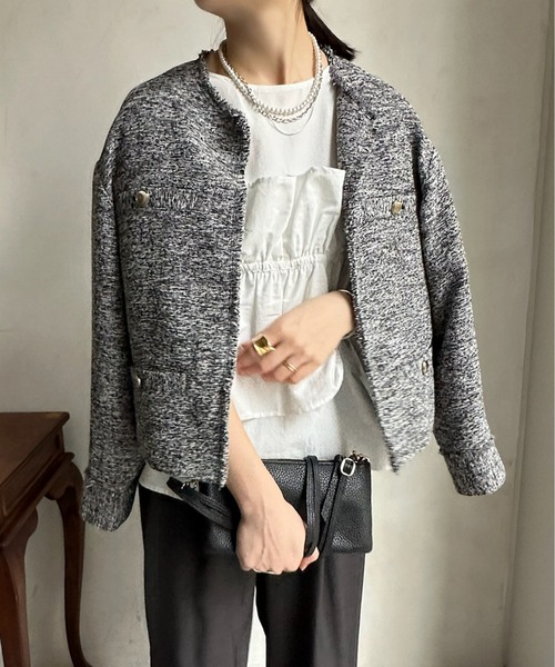 DouDou（ドゥドゥ）の「ライトツイードジャケット（ノーカラージャケット・レディース・ブラック/オフホワイト/ブラック系その他・FREE）」の12枚目の写真