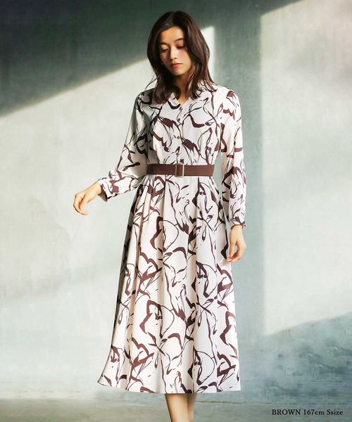 【セール】オフィスもデイリーもOK♪【洗えて華やか】配色プリント・フレアーワンピース（ワンピース）｜WHITE JOOLA（ホワイトジョーラ）