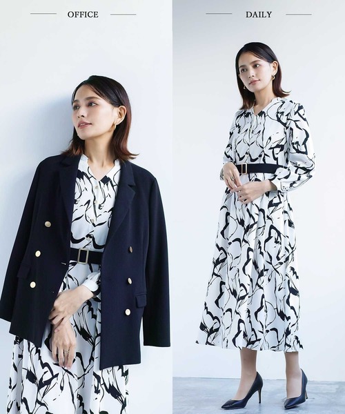 【セール】オフィスもデイリーもOK♪【洗えて華やか】配色プリント・フレアーワンピース（ワンピース）｜WHITE JOOLA（ホワイトジョーラ）