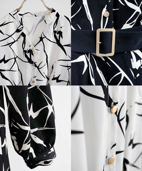 【セール】オフィスもデイリーもOK♪【洗えて華やか】配色プリント・フレアーワンピース（ワンピース）｜WHITE JOOLA（ホワイトジョーラ）