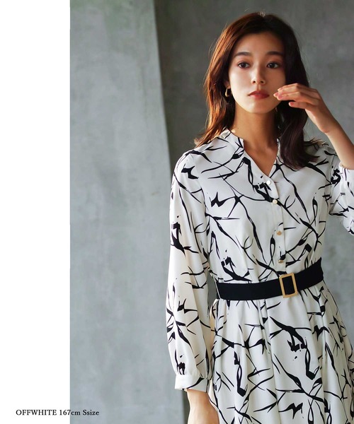 【セール】オフィスもデイリーもOK♪【洗えて華やか】配色プリント・フレアーワンピース（ワンピース）｜WHITE JOOLA（ホワイトジョーラ）