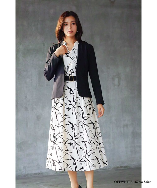 【セール】オフィスもデイリーもOK♪【洗えて華やか】配色プリント・フレアーワンピース（ワンピース）｜WHITE JOOLA（ホワイトジョーラ）