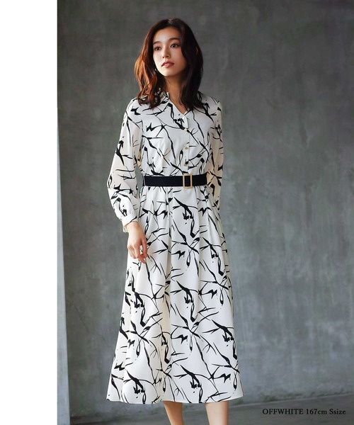 【セール】オフィスもデイリーもOK♪【洗えて華やか】配色プリント・フレアーワンピース（ワンピース）｜WHITE JOOLA（ホワイトジョーラ）