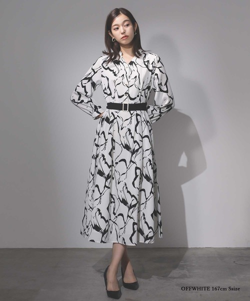 【セール】オフィスもデイリーもOK♪【洗えて華やか】配色プリント・フレアーワンピース（ワンピース）｜WHITE JOOLA（ホワイトジョーラ）