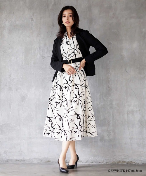 【セール】オフィスもデイリーもOK♪【洗えて華やか】配色プリント・フレアーワンピース（ワンピース）｜WHITE JOOLA（ホワイトジョーラ）