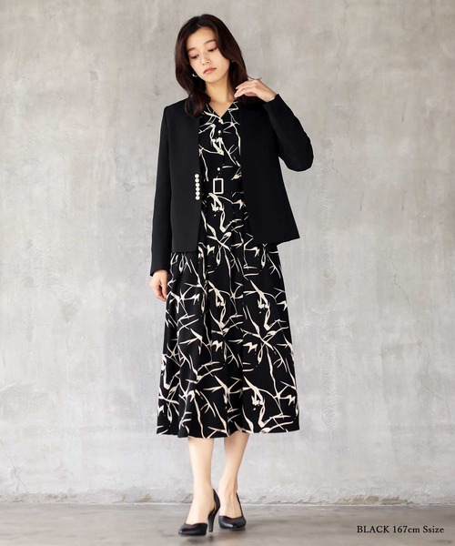 【セール】オフィスもデイリーもOK♪【洗えて華やか】配色プリント・フレアーワンピース（ワンピース）｜WHITE JOOLA（ホワイトジョーラ）