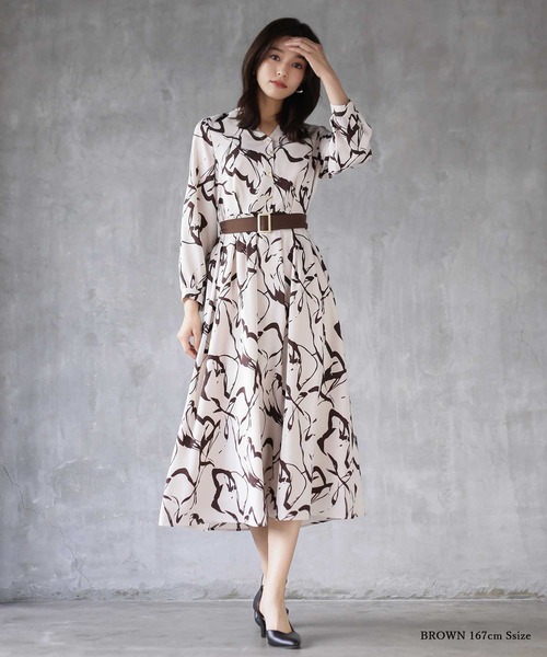 【セール】オフィスもデイリーもOK♪【洗えて華やか】配色プリント・フレアーワンピース（ワンピース）｜WHITE JOOLA（ホワイトジョーラ）