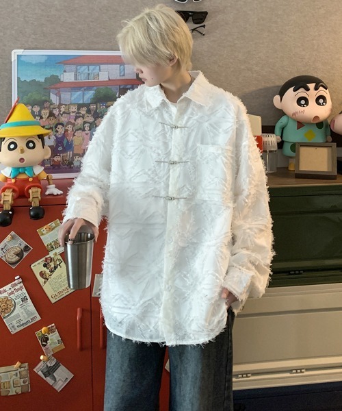 FVLMEN（フルメン）の「【FVLMEN】fringe checked pattern longsleeve china shirt/フリンジ チェック 総柄 ロングスリーブ チャイナ シャツ（シャツ/ブラウス・メンズ・ホワイト/ブラック・MEDIUM/LARGE/X-LARGE）」の3枚目の写真