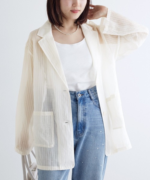 w closet（ダブルクローゼット）の「シアーテーラードジャケット（テーラードジャケット・レディース・ブラウン/グレイッシュベージュ/アイボリー/ブラック・FREE）」の2枚目の写真