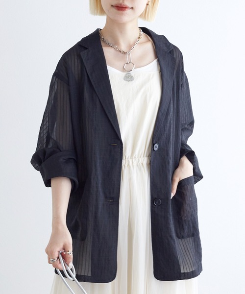 w closet（ダブルクローゼット）の「シアーテーラードジャケット（テーラードジャケット・レディース・ブラウン/グレイッシュベージュ/アイボリー/ブラック・FREE）」の3枚目の写真