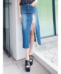 GYDA | ダメージスリット ロングスカートライク デニムショートパンツ(デニムスカート)
