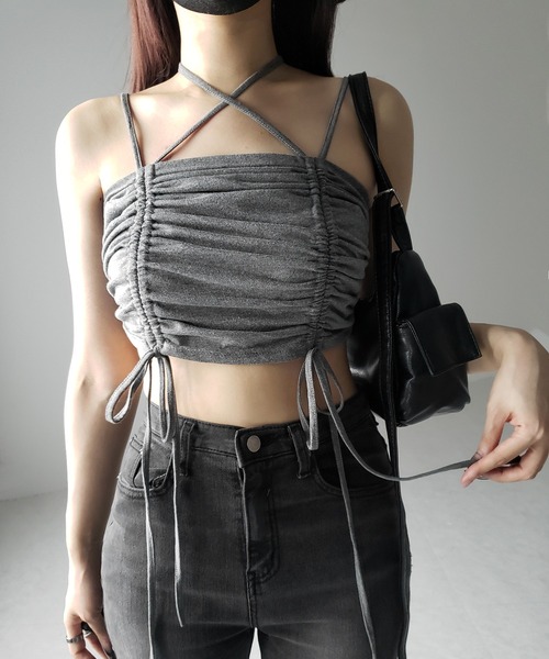 me+em select(ミームセレクト)の「【 3color 】3WAYクロスストラップリボンシャーリングショートキャミソール / 3WAY cross strap ribbon shirring short camisole(キャミソール・レディース・アイボリー/ブラック/グレー・FREE)」の10枚目の写真