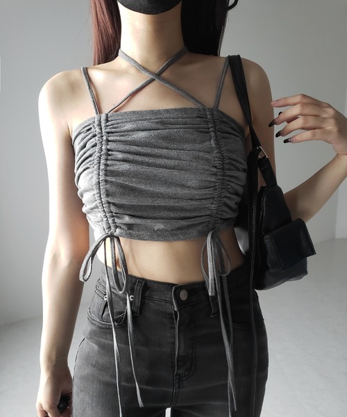 me+em select(ミームセレクト)の「【 3color 】3WAYクロスストラップリボンシャーリングショートキャミソール / 3WAY cross strap ribbon shirring short camisole(キャミソール・レディース・アイボリー/ブラック/グレー・FREE)」の7枚目の写真