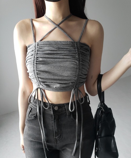 me+em select(ミームセレクト)の「【 3color 】3WAYクロスストラップリボンシャーリングショートキャミソール / 3WAY cross strap ribbon shirring short camisole(キャミソール・レディース・アイボリー/ブラック/グレー・FREE)」の8枚目の写真