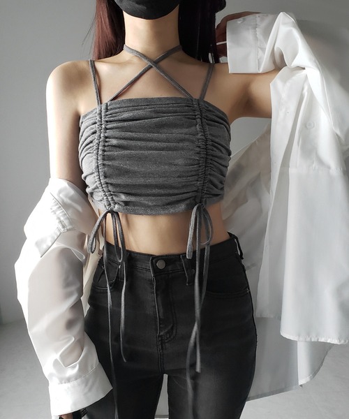 me+em select(ミームセレクト)の「【 3color 】3WAYクロスストラップリボンシャーリングショートキャミソール / 3WAY cross strap ribbon shirring short camisole(キャミソール・レディース・アイボリー/ブラック/グレー・FREE)」の5枚目の写真