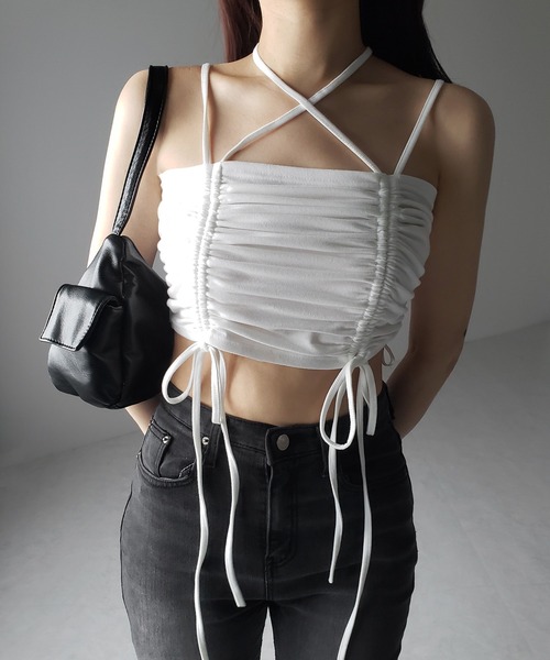 me+em select(ミームセレクト)の「【 3color 】3WAYクロスストラップリボンシャーリングショートキャミソール / 3WAY cross strap ribbon shirring short camisole(キャミソール・レディース・アイボリー/ブラック/グレー・FREE)」の17枚目の写真
