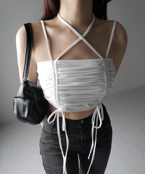 me+em select(ミームセレクト)の「【 3color 】3WAYクロスストラップリボンシャーリングショートキャミソール / 3WAY cross strap ribbon shirring short camisole(キャミソール・レディース・アイボリー/ブラック/グレー・FREE)」の18枚目の写真