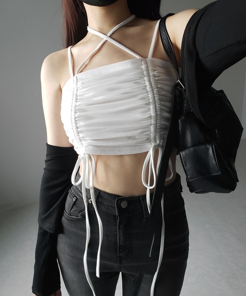me+em select(ミームセレクト)の「【 3color 】3WAYクロスストラップリボンシャーリングショートキャミソール / 3WAY cross strap ribbon shirring short camisole(キャミソール・レディース・アイボリー/ブラック/グレー・FREE)」の20枚目の写真