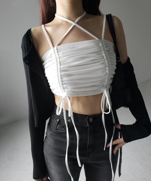 me+em select(ミームセレクト)の「【 3color 】3WAYクロスストラップリボンシャーリングショートキャミソール / 3WAY cross strap ribbon shirring short camisole(キャミソール・レディース・アイボリー/ブラック/グレー・FREE)」の19枚目の写真