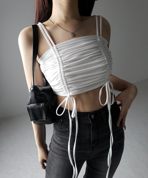 me+em select(ミームセレクト)の「【 3color 】3WAYクロスストラップリボンシャーリングショートキャミソール / 3WAY cross strap ribbon shirring short camisole(キャミソール・レディース・アイボリー/ブラック/グレー・FREE)」の15枚目の写真