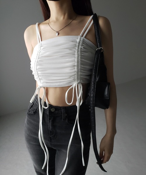 me+em select(ミームセレクト)の「【 3color 】3WAYクロスストラップリボンシャーリングショートキャミソール / 3WAY cross strap ribbon shirring short camisole(キャミソール・レディース・アイボリー/ブラック/グレー・FREE)」の14枚目の写真