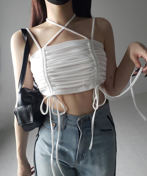 me+em select(ミームセレクト)の「【 3color 】3WAYクロスストラップリボンシャーリングショートキャミソール / 3WAY cross strap ribbon shirring short camisole(キャミソール・レディース・アイボリー/ブラック/グレー・FREE)」の13枚目の写真