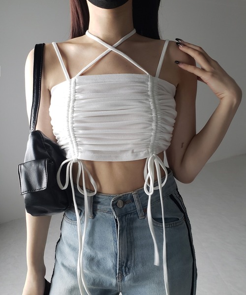 me+em select(ミームセレクト)の「【 3color 】3WAYクロスストラップリボンシャーリングショートキャミソール / 3WAY cross strap ribbon shirring short camisole(キャミソール・レディース・アイボリー/ブラック/グレー・FREE)」の4枚目の写真