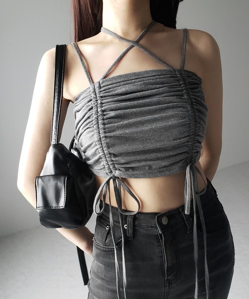 me+em select(ミームセレクト)の「【 3color 】3WAYクロスストラップリボンシャーリングショートキャミソール / 3WAY cross strap ribbon shirring short camisole(キャミソール・レディース・アイボリー/ブラック/グレー・FREE)」の9枚目の写真