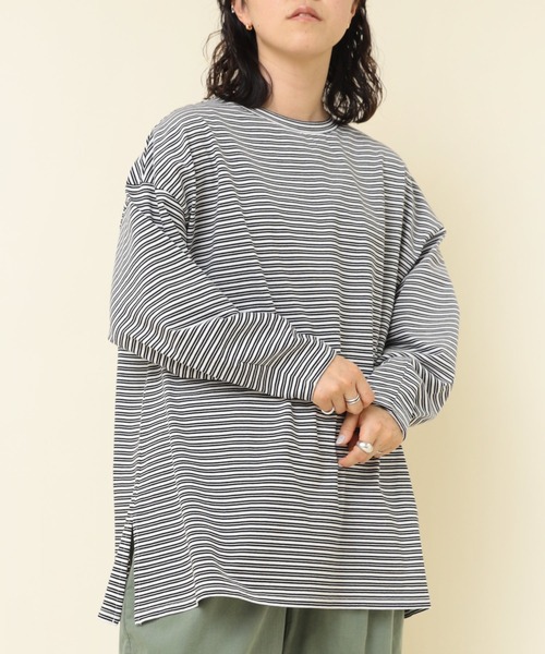 RNA-N(アールエヌエーエヌ)の「M2286 16/-OEボーダーオーバーサイズプルオーバー(Tシャツ/カットソー・レディース・グリーン/ホワイト×ブラック/ブルー/ベージュ・MEDIUM)」の2枚目の写真