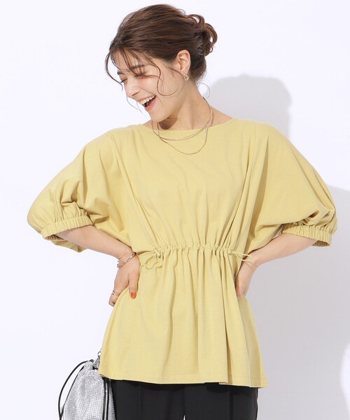 SHOO・LA・RUE（シューラルー）の「◆【洗える】ウエスト調節可能 ドロスト5分袖トップス（Tシャツ/カットソー・レディース・ライトベージュ/ブラック/イエロー・04/03/02）」の3枚目の写真