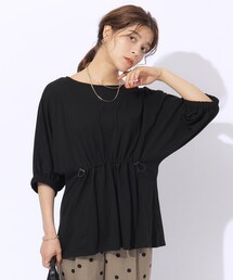 ◆【洗える】ウエスト調節可能 ドロスト5分袖トップス