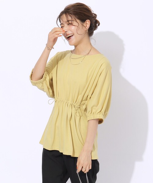 SHOO・LA・RUE（シューラルー）の「◆【洗える】ウエスト調節可能 ドロスト5分袖トップス（Tシャツ/カットソー・レディース・ライトベージュ/ブラック/イエロー・04/03/02）」の13枚目の写真