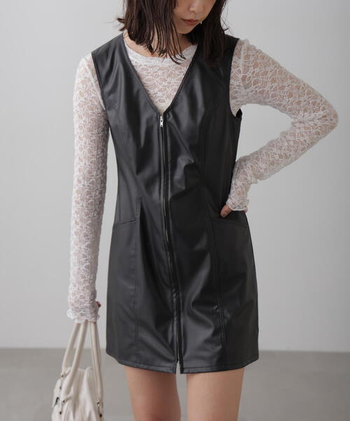 FREE'S MART（フリーズマート）の「フロントジップ合皮ミニジャンスカ（ワンピース・レディース・ブラック・SMALL/MEDIUM）」の8枚目の写真