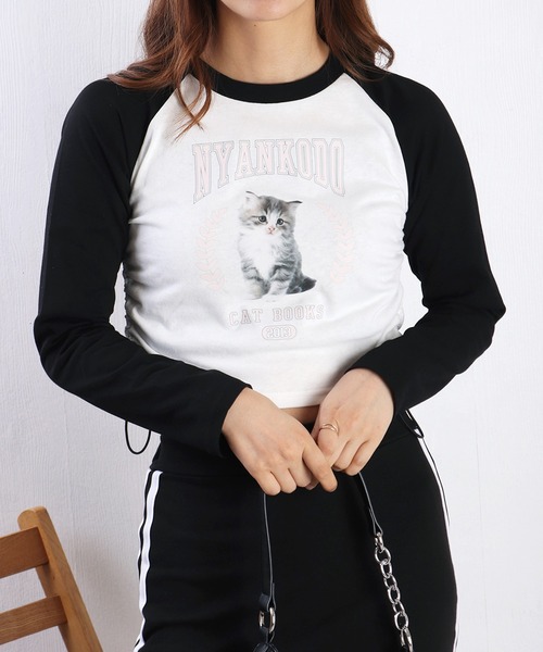 WESTSEA（ウエストシー）の「神保町にゃんこ堂 子猫フォトプリント ラグラン ショート丈ロンＴ（Tシャツ/カットソー・レディース・ホワイト/ピンク・M）」の7枚目の写真