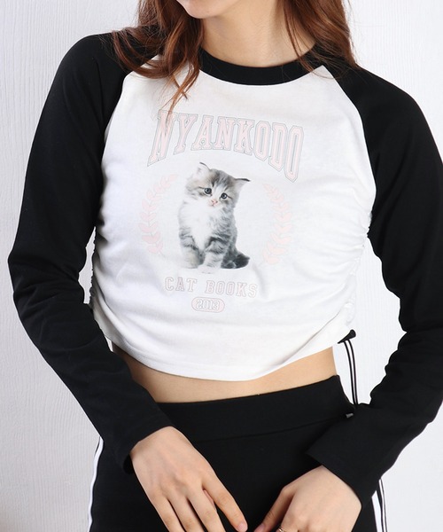 WESTSEA（ウエストシー）の「神保町にゃんこ堂 子猫フォトプリント ラグラン ショート丈ロンＴ（Tシャツ/カットソー・レディース・ホワイト/ピンク・M）」の3枚目の写真