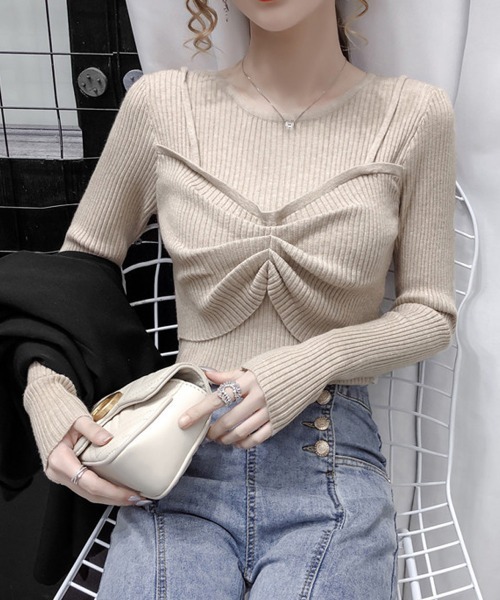 Miniministore（ミニミニストア）の「ニットトップス レディース 重ね着（ニット/セーター・レディース・ダークベージュ/ベージュ/ホワイト/ブラック/グレー・FREE）」の4枚目の写真