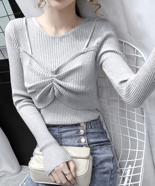 Miniministore（ミニミニストア）の「ニットトップス レディース 重ね着（ニット/セーター・レディース・ダークベージュ/ベージュ/ホワイト/ブラック/グレー・FREE）」の3枚目の写真