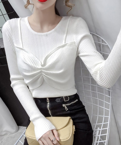 Miniministore（ミニミニストア）の「ニットトップス レディース 重ね着（ニット/セーター・レディース・ダークベージュ/ベージュ/ホワイト/ブラック/グレー・FREE）」の2枚目の写真